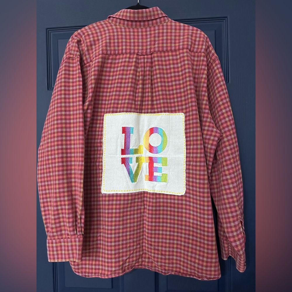 Classic Plaid Button-Down Shirt with Custom “LOVE” Embroidered Back